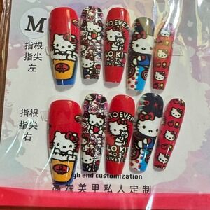 Hello Kitty Press On Nails‎ Medium Coffin Style Red Cute Nail Art